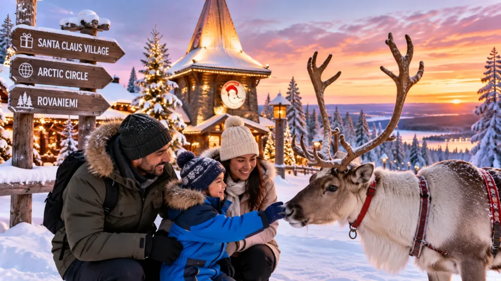 Family enjoying a winter holiday in Rovaniemi, Finnish Lapland